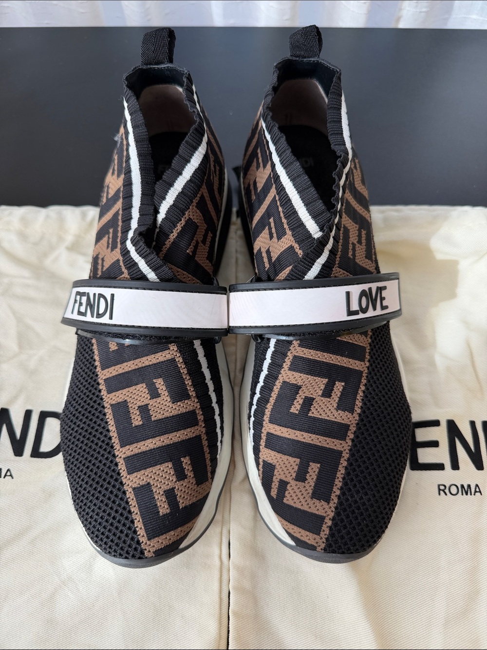 Fendi Black & Brown FF Logo Slip-On Sneakers with White 'FENDI LOVE' Strap